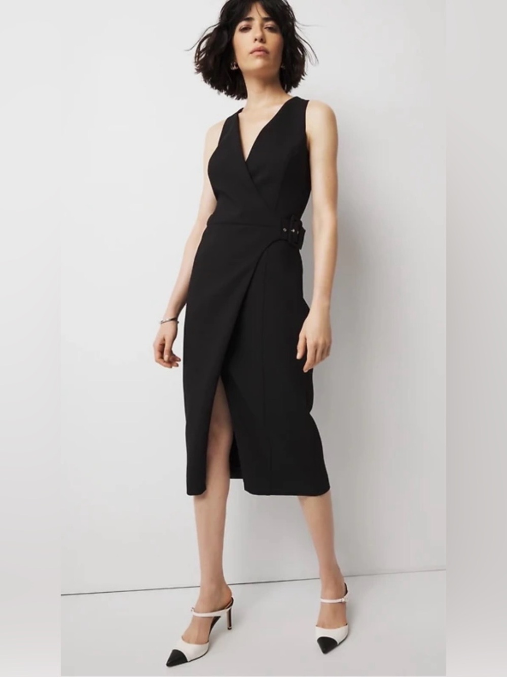 White House Black Market Black Sleeveless faux Wrap Midi Dress size 4